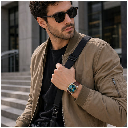 Reloj Analógico de Cuarzo para Hombre con Calendario Completo, Día y Fecha, Correa de Cuero, Cristal Mineral Reforzado