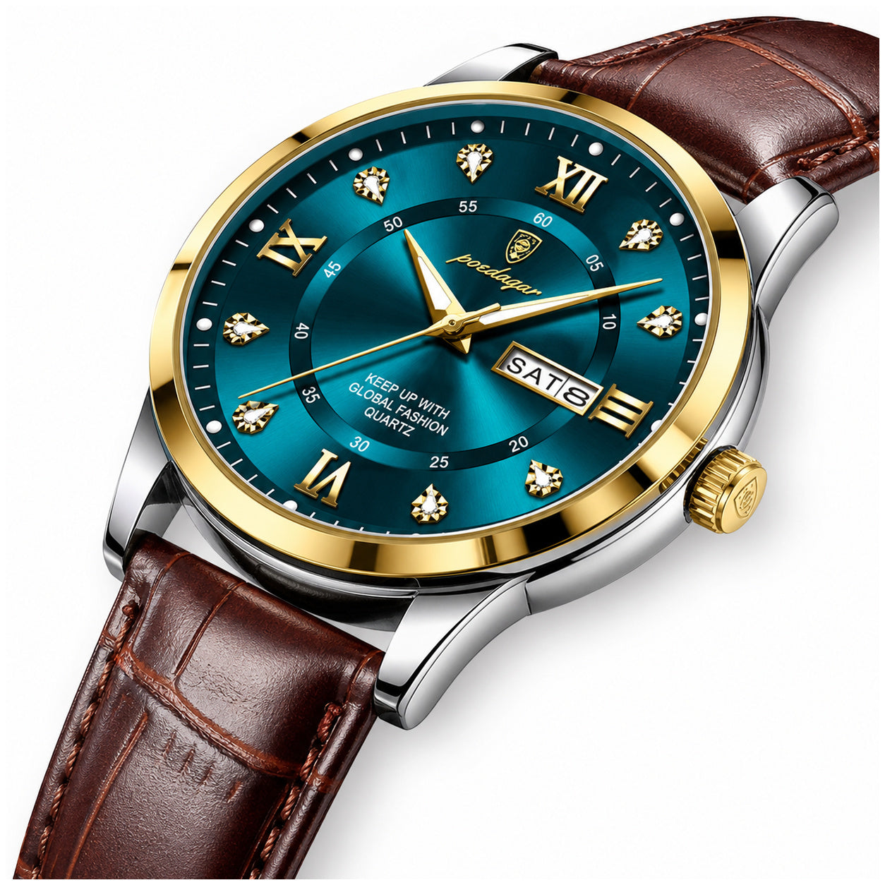 Reloj Analógico de Cuarzo para Hombre con Calendario Completo, Día y Fecha, Correa de Cuero, Cristal Mineral Reforzado