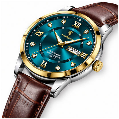 Reloj Analógico de Cuarzo para Hombre con Calendario Completo, Día y Fecha, Correa de Cuero, Cristal Mineral Reforzado