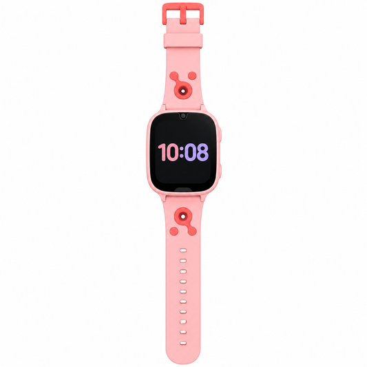 Color rosado: smartwatch infantil con cámara, vista frontal completa sobre fondo blanco