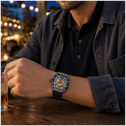 Reloj Analógico de Cuarzo para Hombre 50 mm Diseño Tonneau Esqueleto con Manecillas Luminosas Correa de Silicona Resistente al Agua
