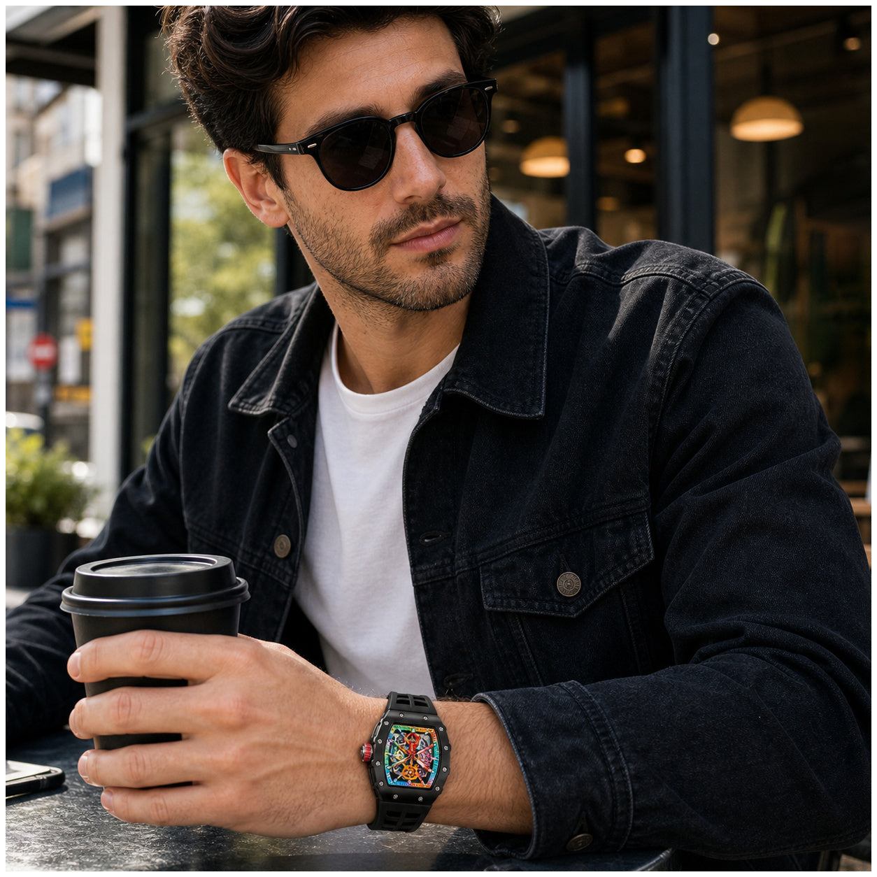 Reloj Analógico de Cuarzo para Hombre 50 mm Diseño Tonneau Esqueleto con Manecillas Luminosas Correa de Silicona Resistente al Agua