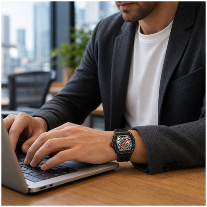 Reloj Analógico de Cuarzo para Hombre 50 mm Diseño Tonneau Esqueleto con Manecillas Luminosas Correa de Silicona Resistente al Agua