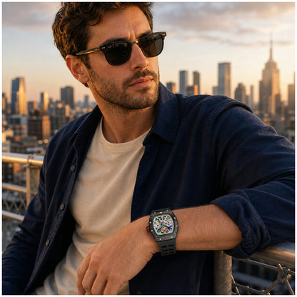 Reloj Analógico de Cuarzo para Hombre 50 mm Diseño Tonneau Esqueleto con Manecillas Luminosas Correa de Silicona Resistente al Agua