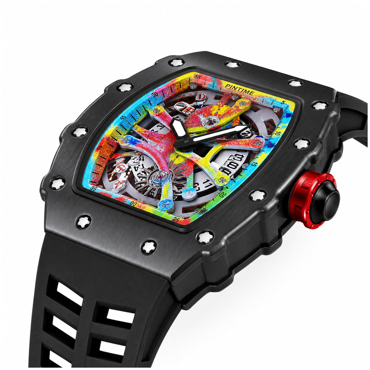 Reloj Analógico de Cuarzo para Hombre 50 mm Diseño Tonneau Esqueleto con Manecillas Luminosas Correa de Silicona Resistente al Agua