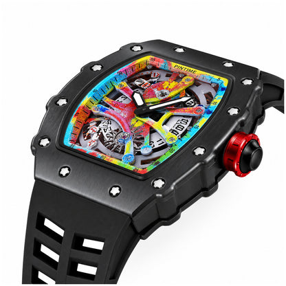 Reloj Analógico de Cuarzo para Hombre 50 mm Diseño Tonneau Esqueleto con Manecillas Luminosas Correa de Silicona Resistente al Agua