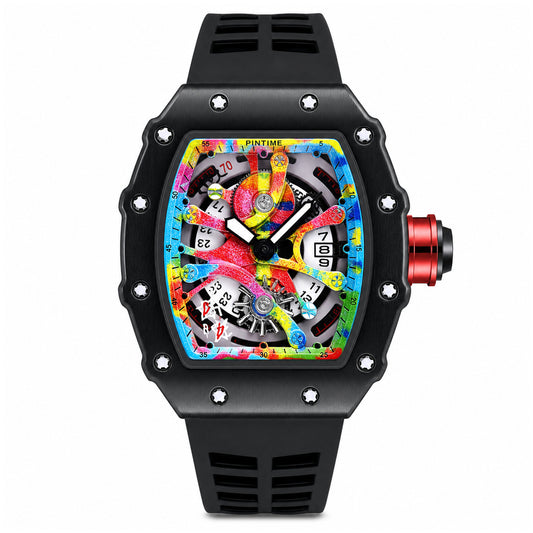 Reloj Analógico de Cuarzo para Hombre 50 mm Diseño Tonneau Esqueleto con Manecillas Luminosas Correa de Silicona Resistente al Agua