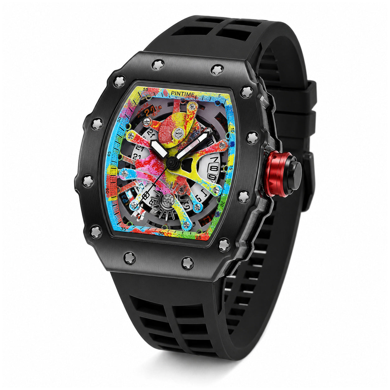 Reloj Analógico de Cuarzo para Hombre 50 mm Diseño Tonneau Esqueleto con Manecillas Luminosas Correa de Silicona Resistente al Agua