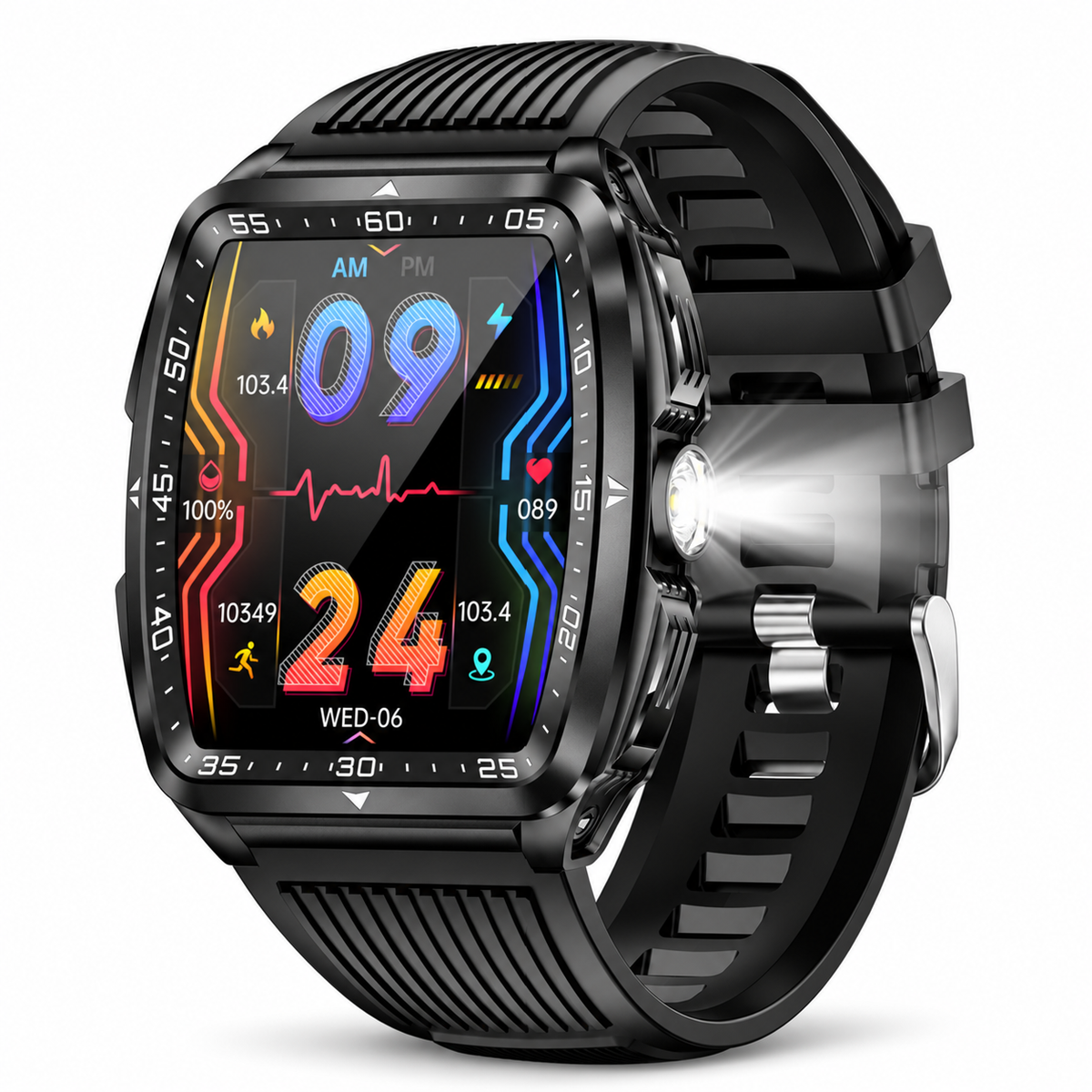 Smartwatch rectangular negro con linterna LED lateral encendida sobre fondo blanco