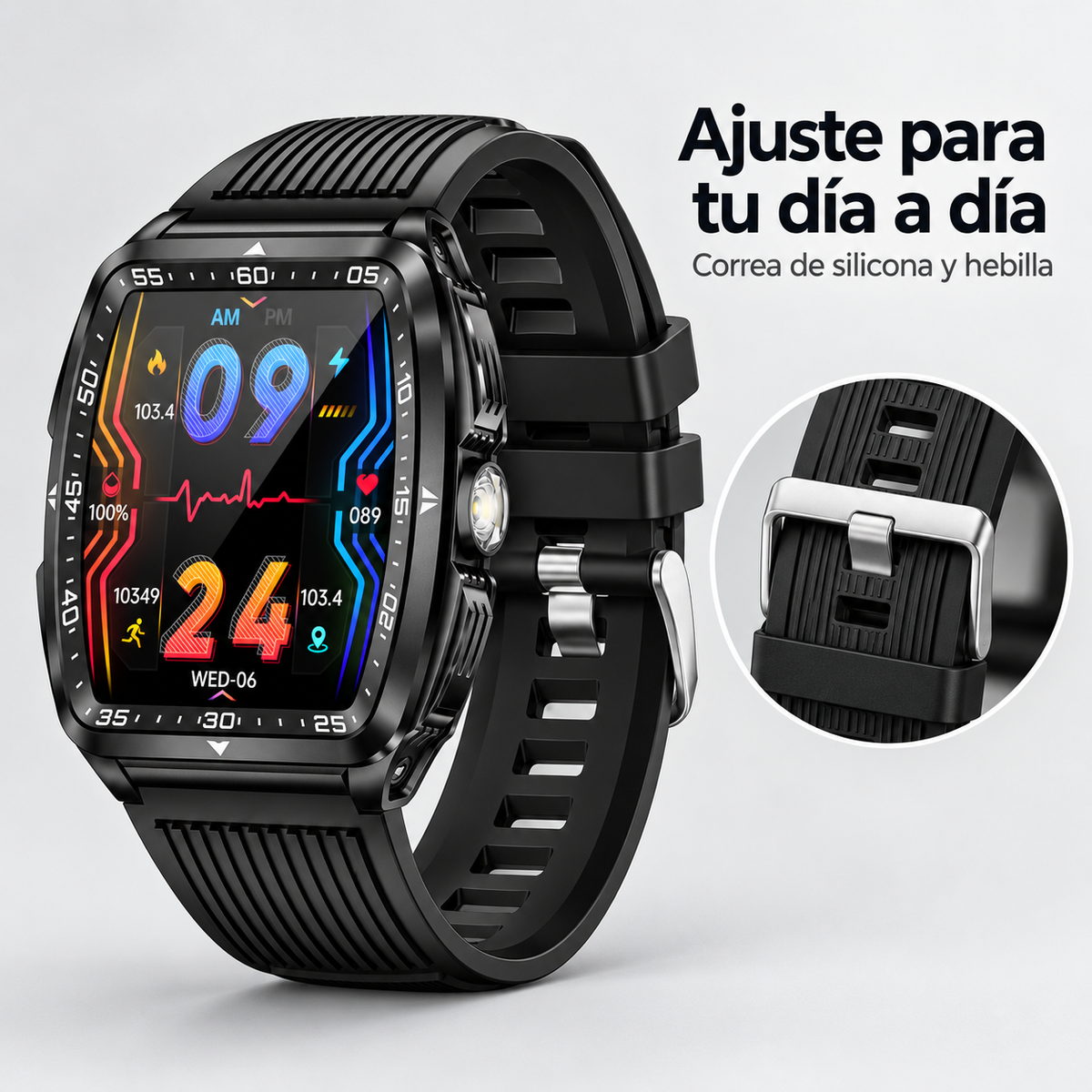 Detalle del smartwatch negro, su correa de silicona y hebilla metálica
