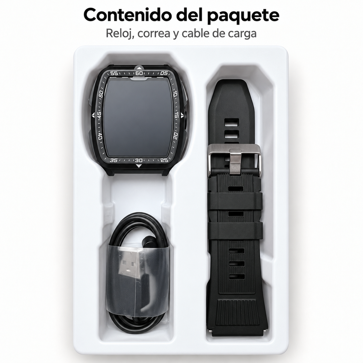 Contenido del paquete: reloj rectangular, correa y cable de carga
