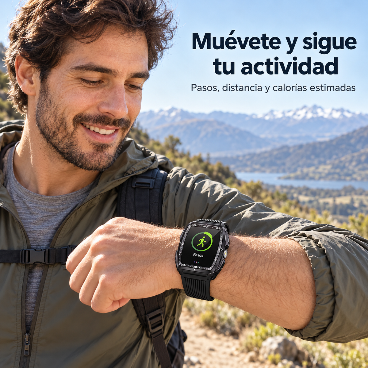 Smartwatch rectangular para consultar pasos y actividad durante una caminata