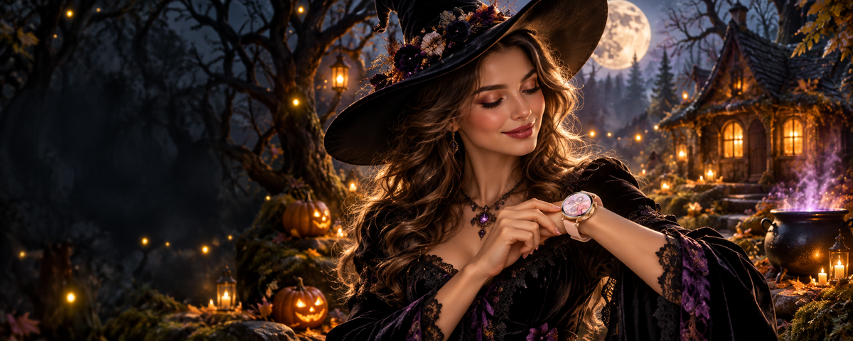 Bruja con sombrero negro usando un smartwatch DS5 rosado en un bosque encantado con calabazas.