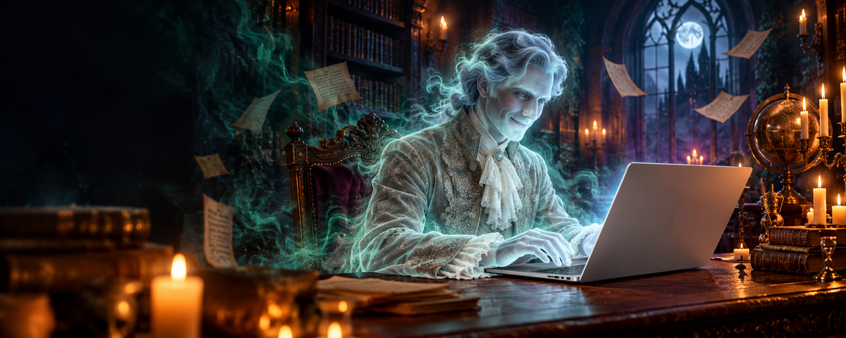 Fantasma de un estudioso usando un notebook plateado en una biblioteca embrujada.