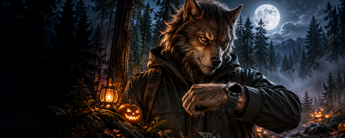 Hombre lobo consultando un smartwatch GT5 Pro negro en un bosque con luna llena.