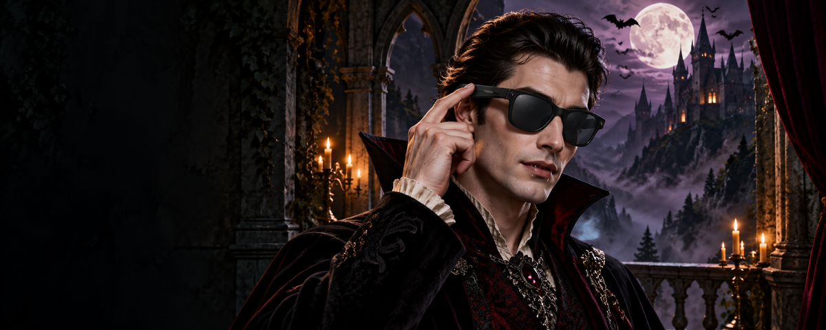 Drácula usando gafas inteligentes negras en el balcón de un castillo gótico bajo la luna.
