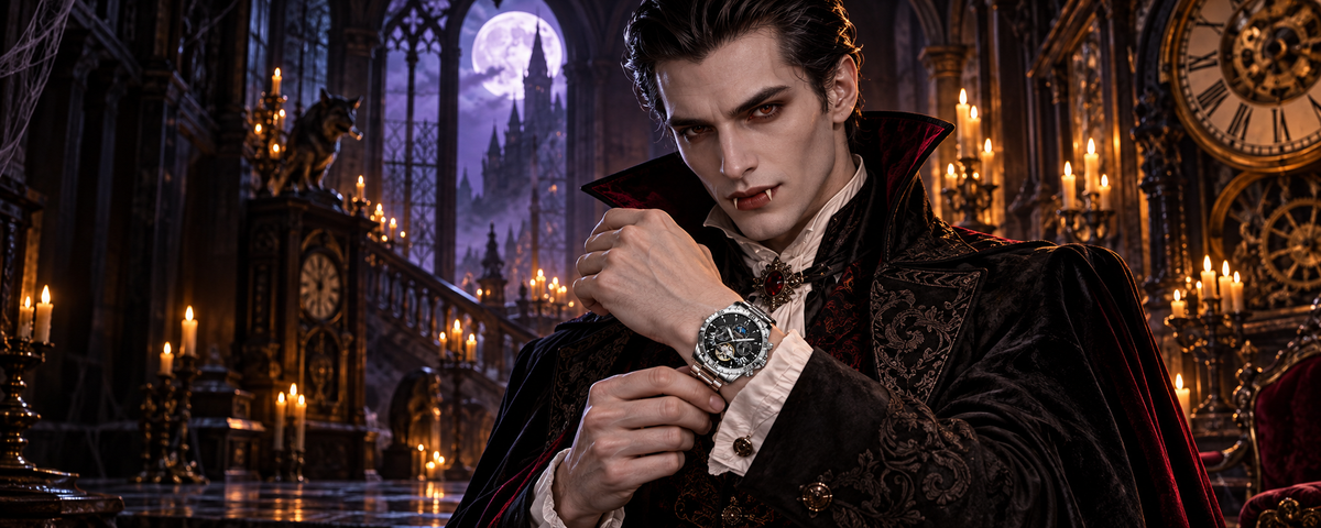 Vampiro mostrando un reloj plateado de esfera negra en el salón de los relojes de su castillo.