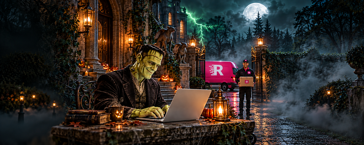 Frankenstein usando un notebook en la mansión embrujada, con un vehículo de RECIBELO y el repartidor esperando en la reja con un paquete