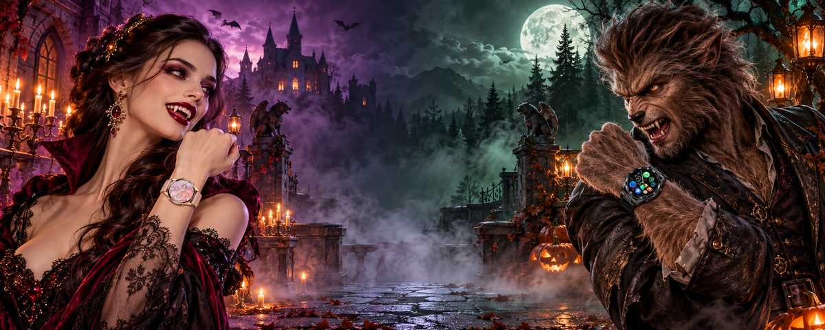 Vampiresa con smartwatch DS5 rosado frente a un hombre lobo con smartwatch GT5 Pro negro, en un castillo y bosque de Halloween.