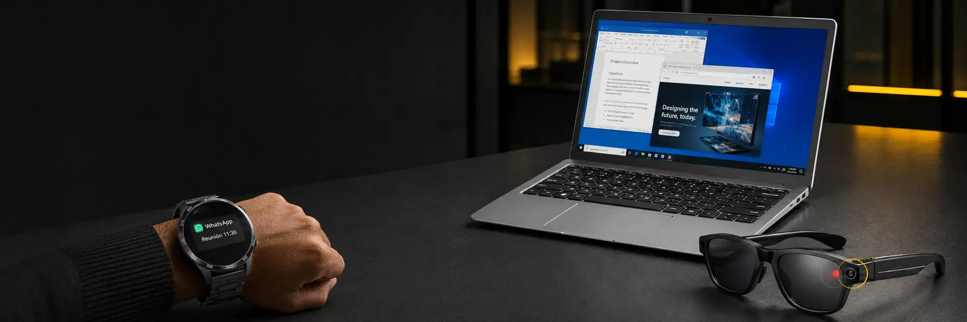 Notebook E140 con Windows, smartwatch GT5 con WhatsApp y gafas L801 con cámara