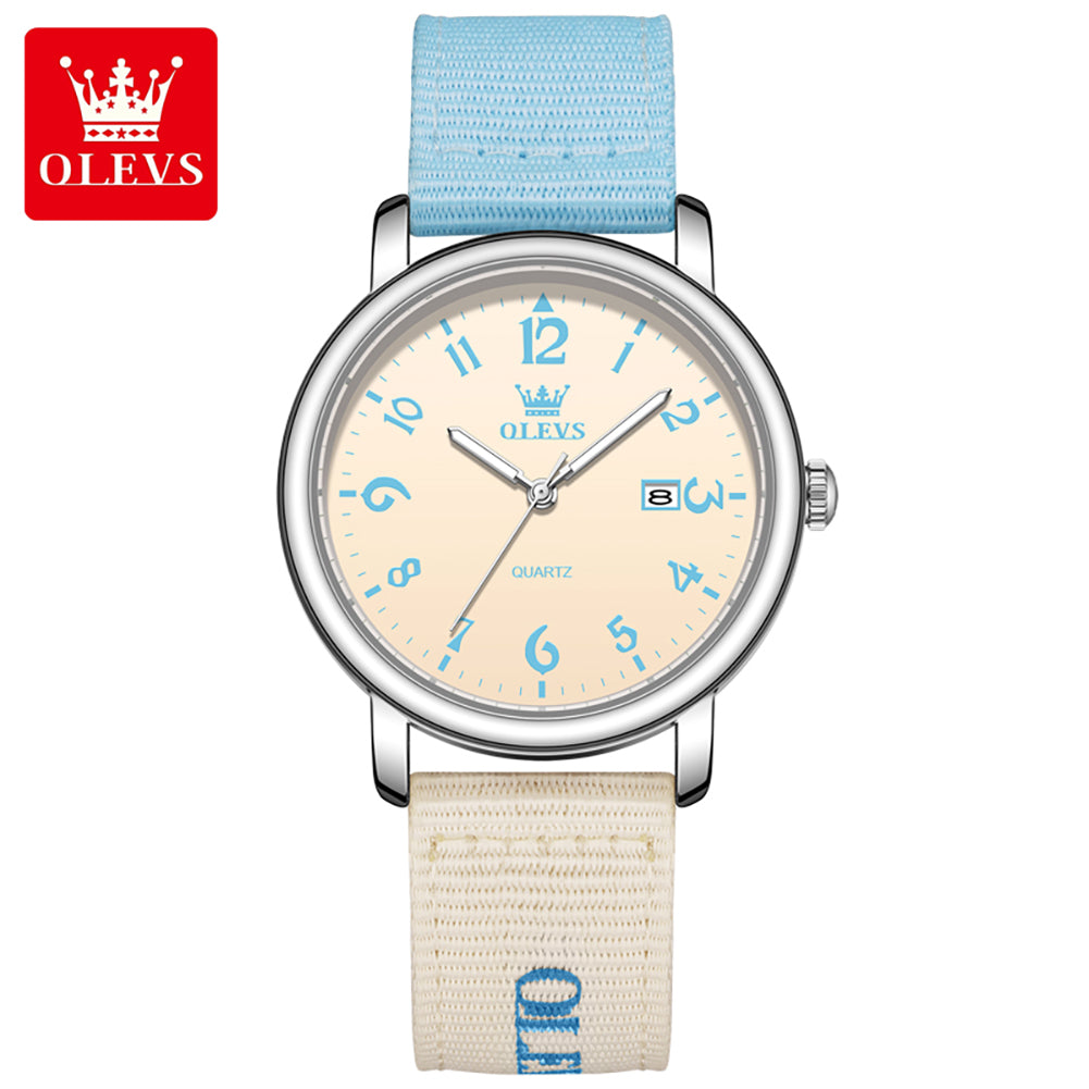 Reloj OLEVS 2991 para mujer celeste y beige, vista original del reloj completo