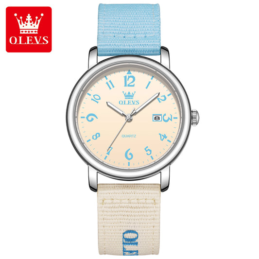 Reloj OLEVS 2991 para mujer celeste y beige, vista original del reloj completo