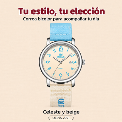 Reloj OLEVS 2991 para mujer celeste y beige, diseño y correa bicolor