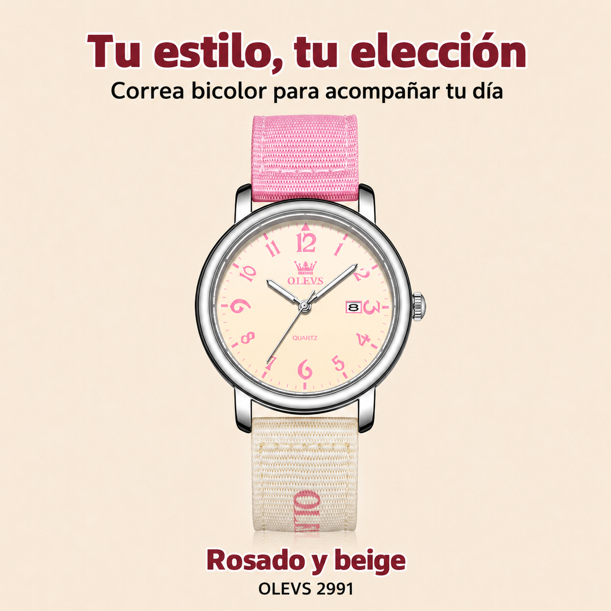 Reloj OLEVS 2991 para mujer rosado y beige, diseño y correa bicolor