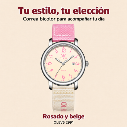 Reloj OLEVS 2991 para mujer rosado y beige, diseño y correa bicolor