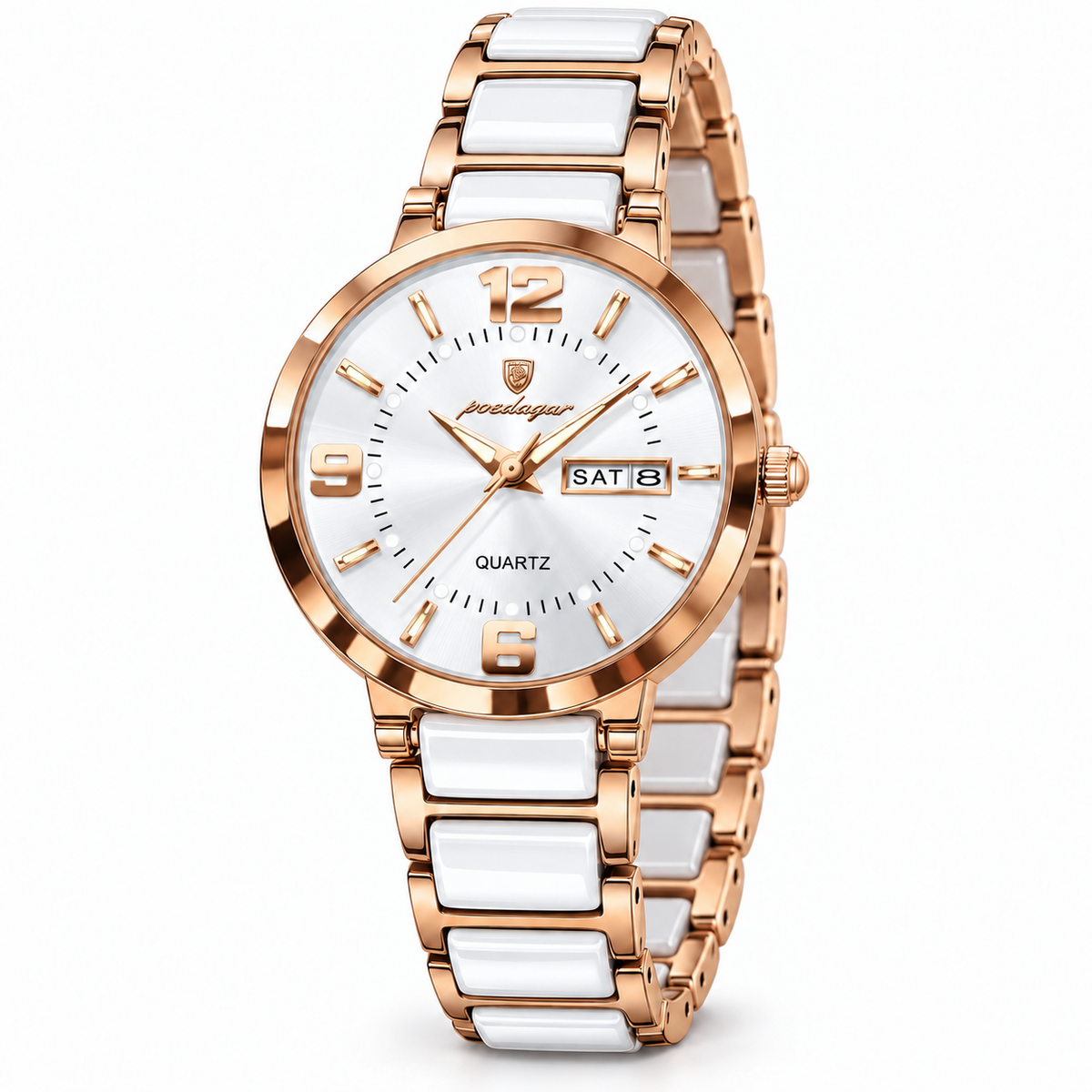 Reloj análogo POEDAGAR para mujer blanco y oro rosa, vista completa sobre fondo blanco