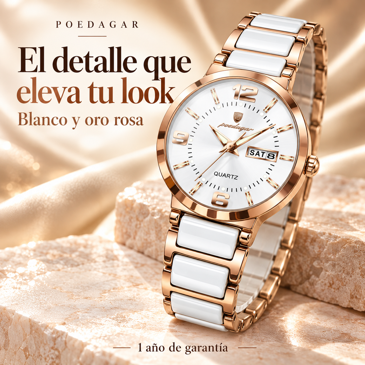 Reloj análogo POEDAGAR para mujer blanco y oro rosa, diseño bicolor y garantía de 1 año