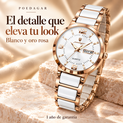 Reloj análogo POEDAGAR para mujer blanco y oro rosa, diseño bicolor y garantía de 1 año