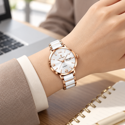 Reloj análogo POEDAGAR para mujer blanco y oro rosa, en uso en la muñeca