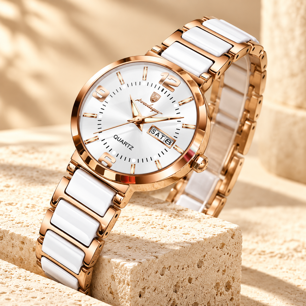 Reloj análogo POEDAGAR para mujer blanco y oro rosa, vista general del producto
