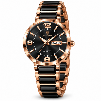 Reloj análogo POEDAGAR para mujer negro y oro rosa, vista completa sobre fondo blanco
