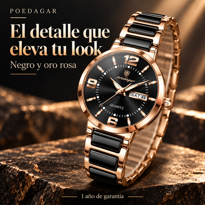 Reloj análogo POEDAGAR para mujer negro y oro rosa, diseño bicolor y garantía de 1 año