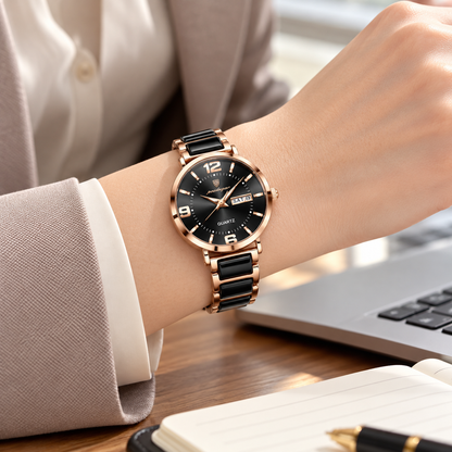 Reloj análogo POEDAGAR para mujer negro y oro rosa, en uso en la muñeca
