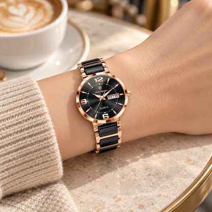 Reloj análogo POEDAGAR para mujer negro y oro rosa, en uso en la muñeca