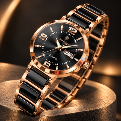 Reloj análogo POEDAGAR para mujer negro y oro rosa, vista general del producto