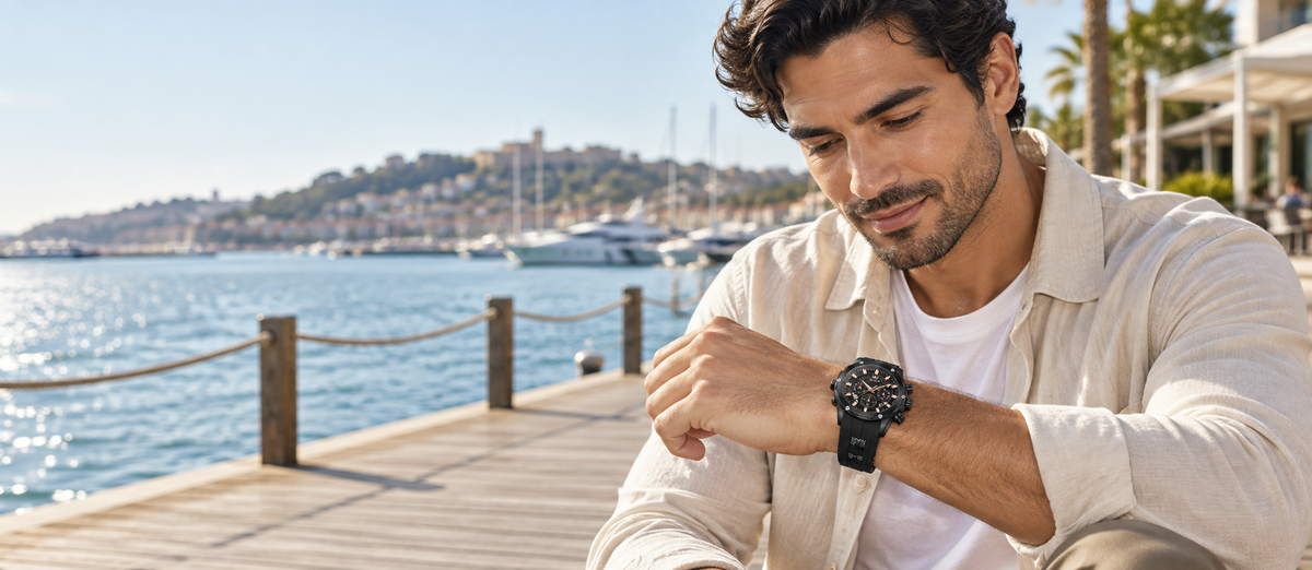 Hombre usando un reloj OLEVS negro en un paseo junto al mar.